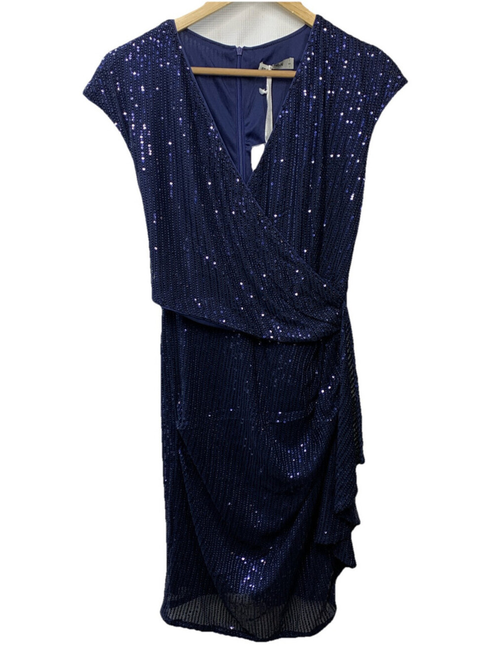 Grace Karin Sparkly Sequin Faux Wrap Short Sleeve Dress V-Neck Navy Size Small